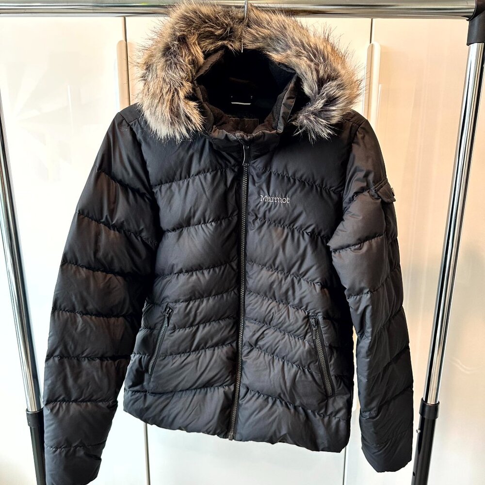 Marmot - Black Down Puffer Coat Detachable Faux Fur Hood - Size Small
